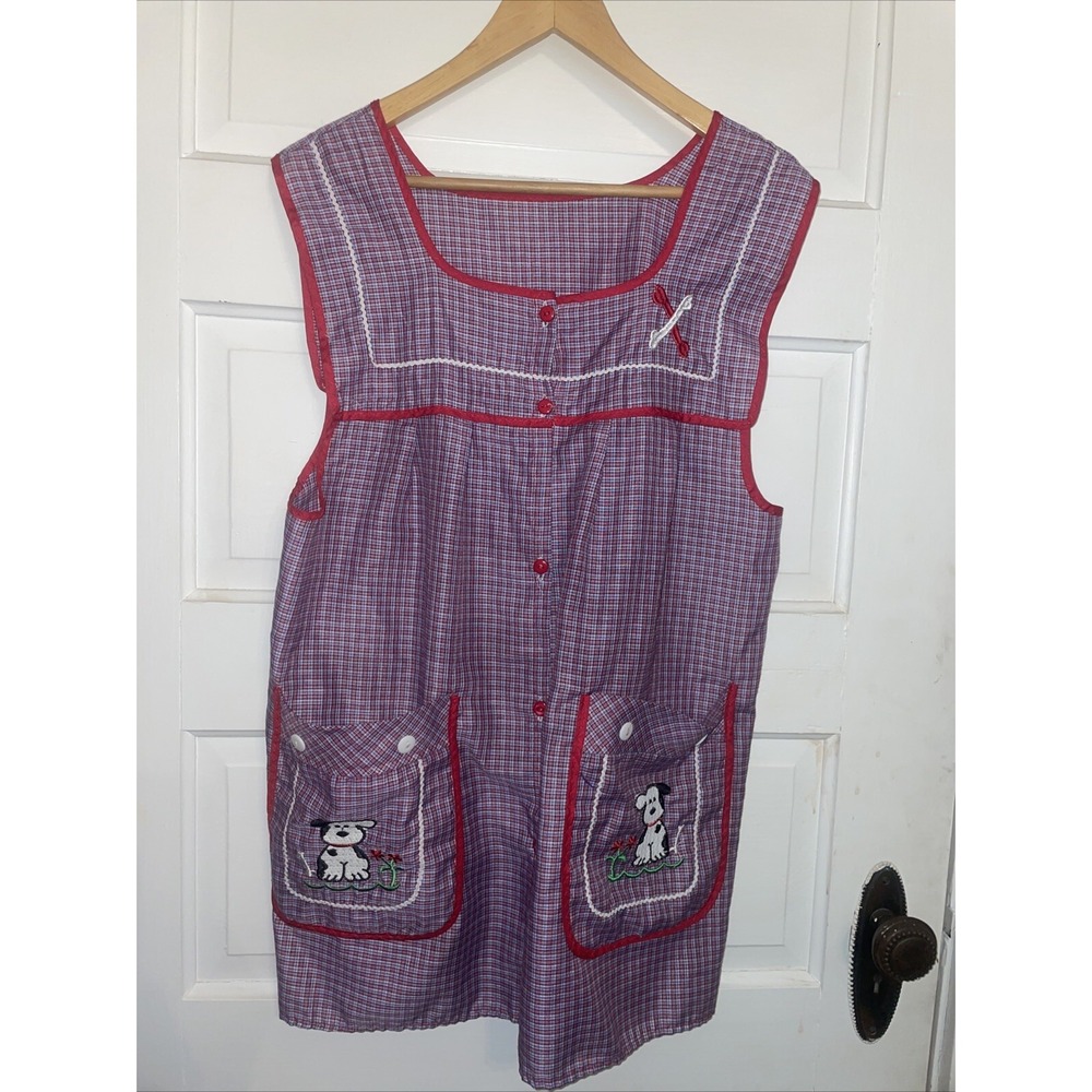 Grandmas Smock Button Up Pockets Red White Blue Dogs